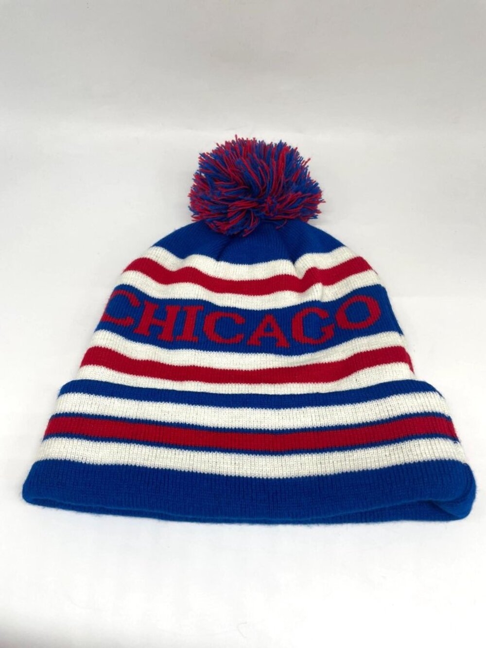 Chicago Pom Pom Beanie Blue Red White Knit Winter Hat OSFM Unisex